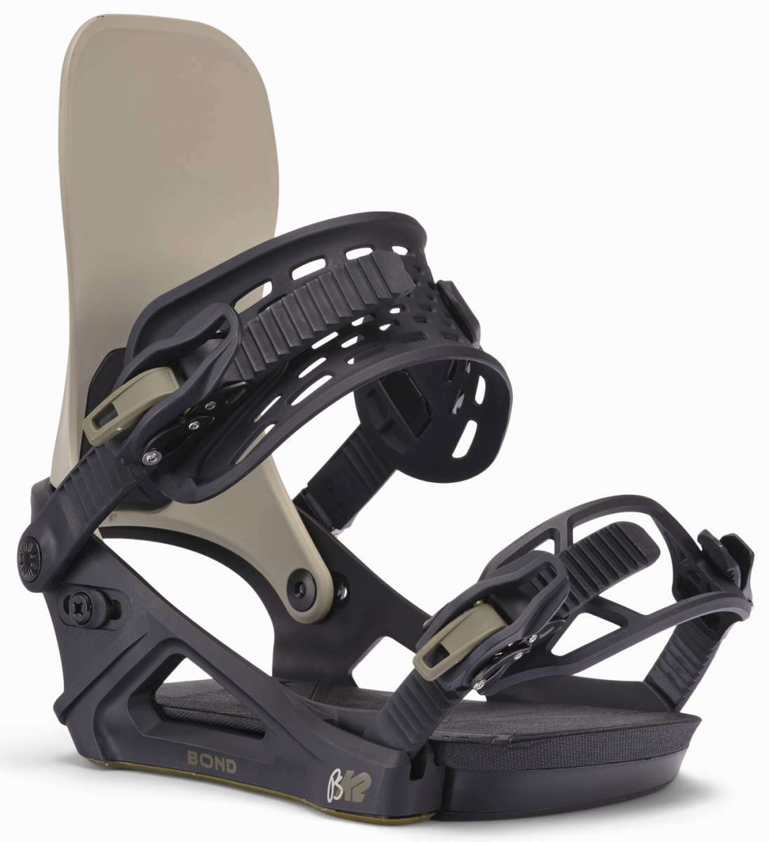 K2 Bond 2025 snowboard binding features a black and yellow design.