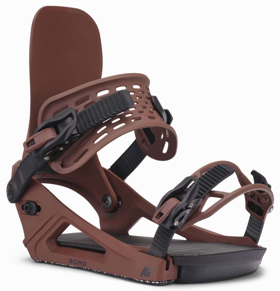 K2 Bond snowboard binding, featuring a dark brown and black color scheme with a distinctive design.
