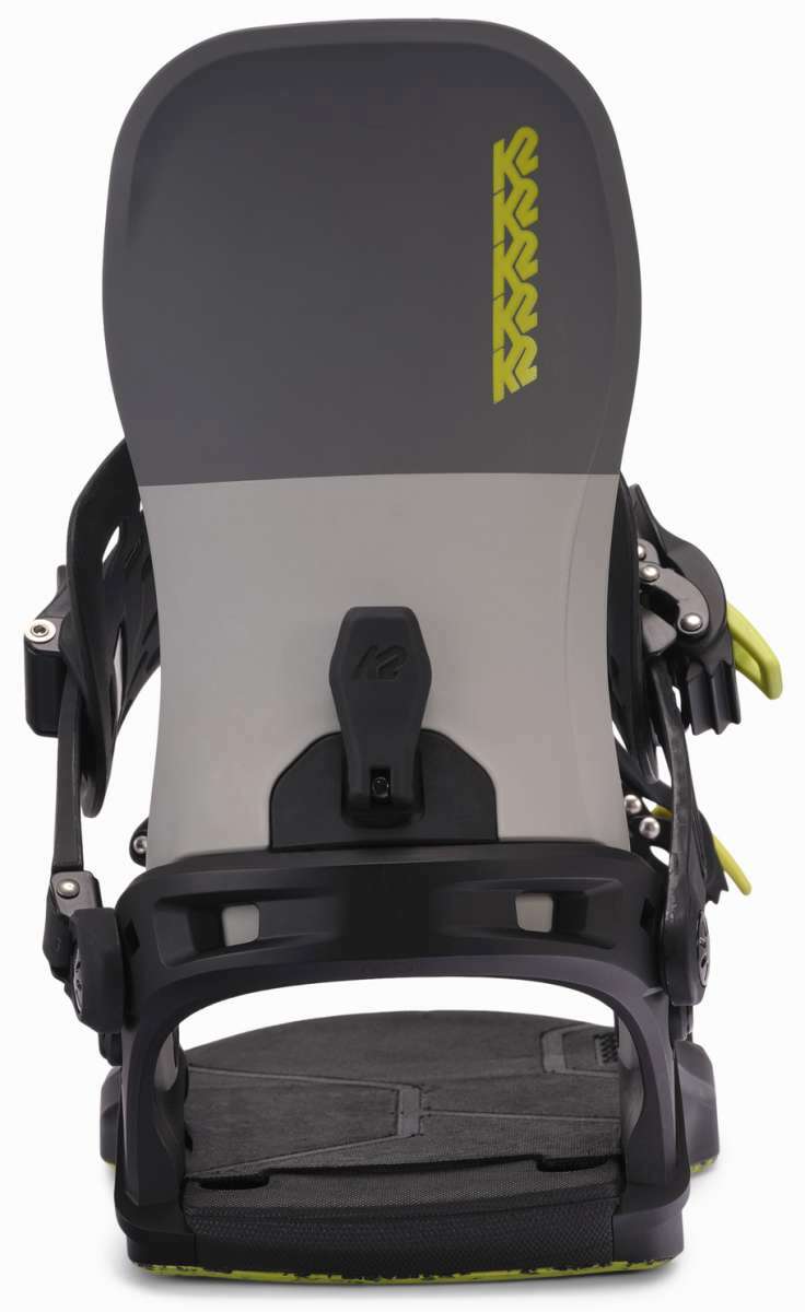 K2 Bond 2025 snowboard binding, black base with a yellow stripe.
