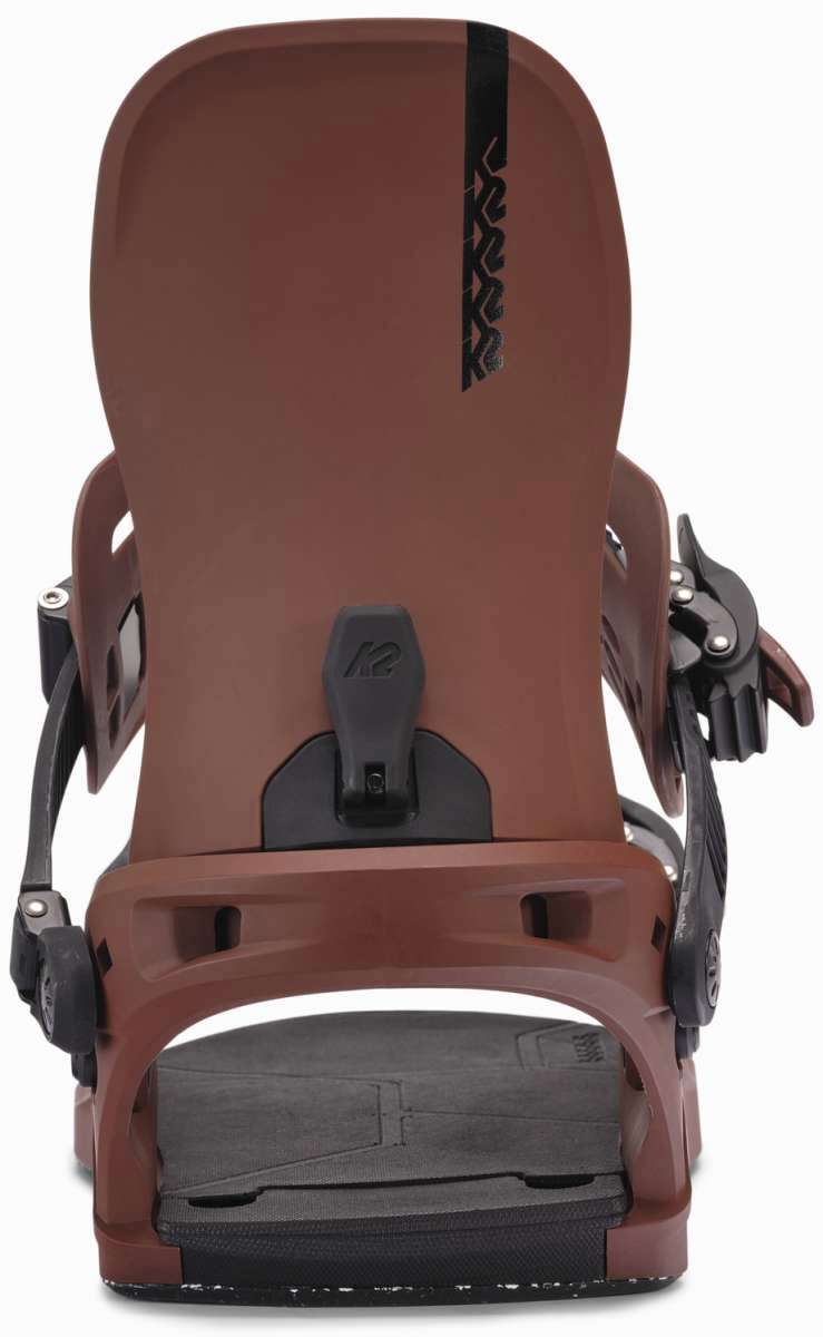 K2 Bond 2025 snowboard binding, featuring a dark brown base and black accents.