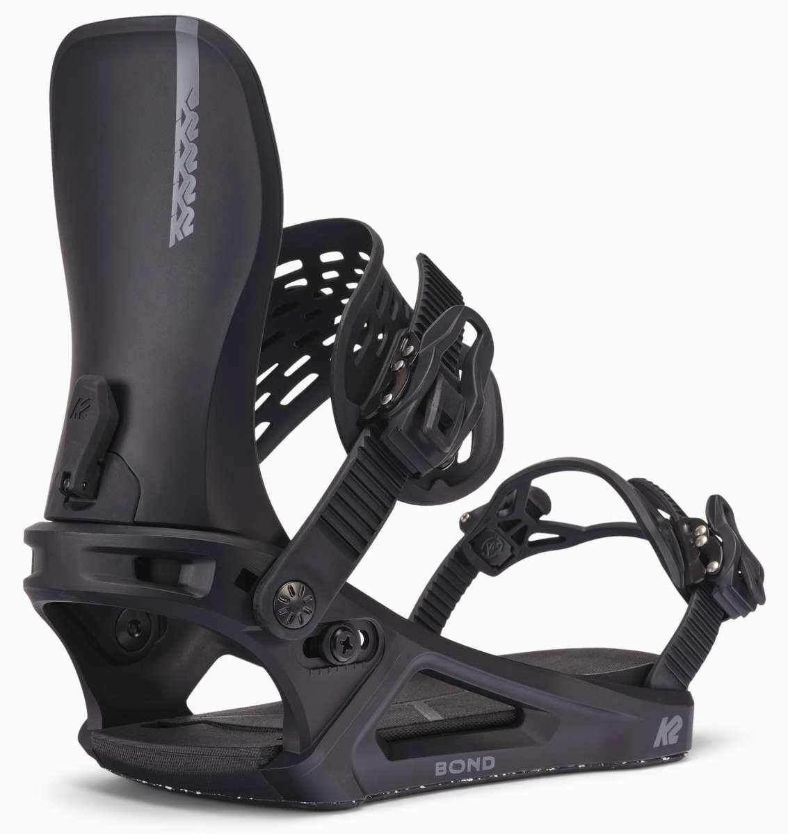 Black K2 Bond snowboard binding features a sleek design with visible mounting hardware.