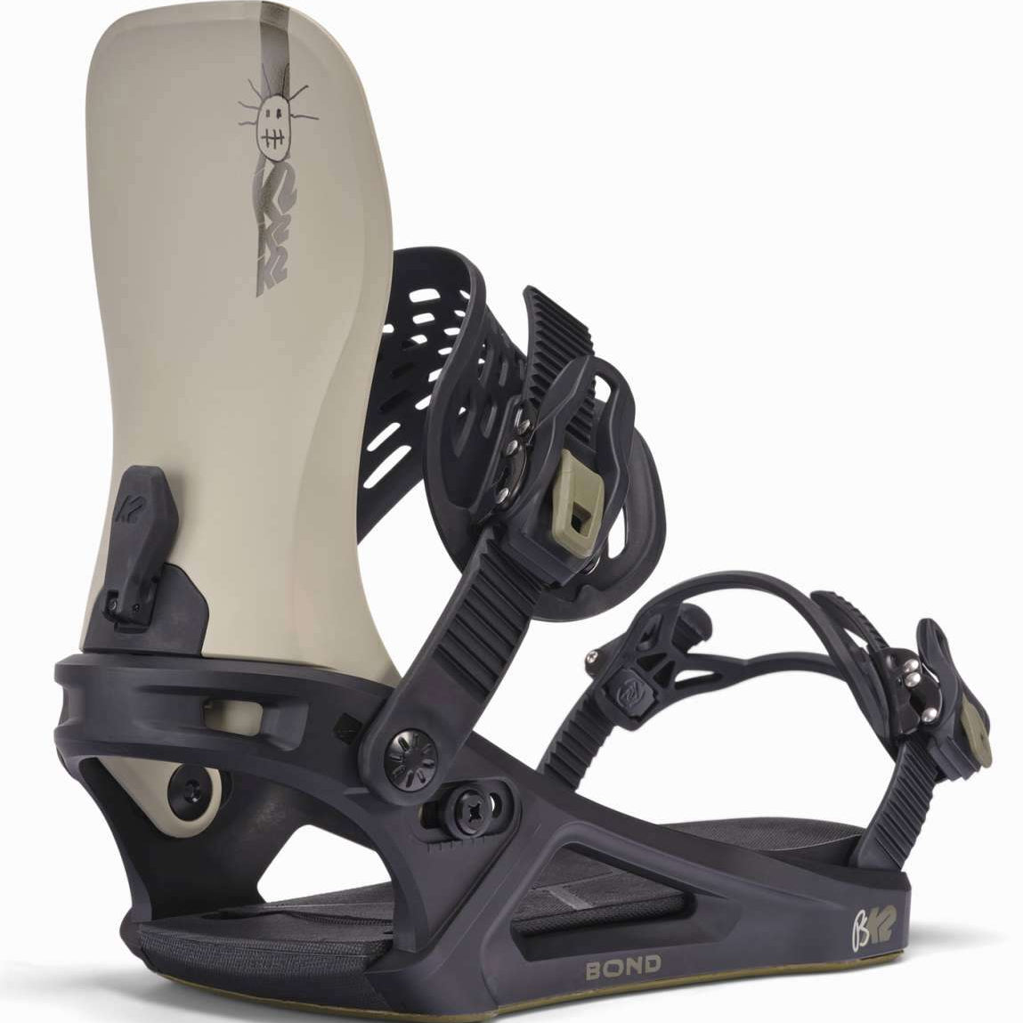 K2 Bond snowboard binding, black and orange, features a distinctive design.