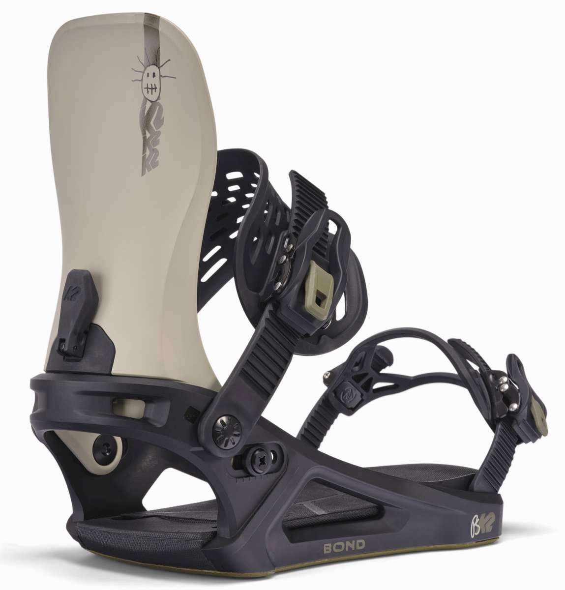 K2 Bond snowboard binding, black and orange, features a distinctive design.