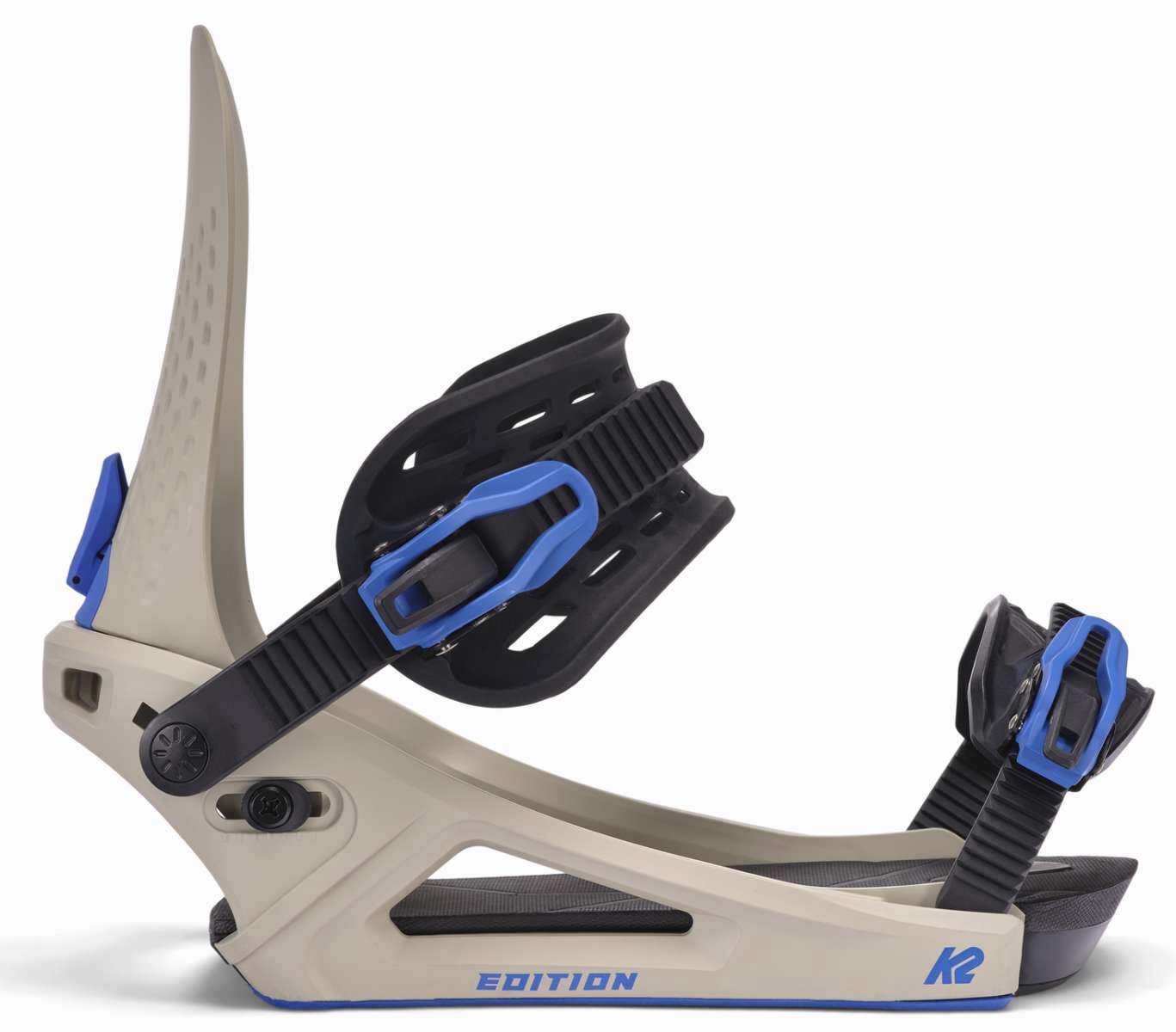 K2 Edition snowboard binding, featuring a white base with blue and black accents.