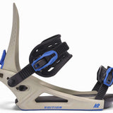 K2 Edition snowboard binding, featuring a white base with blue and black accents.