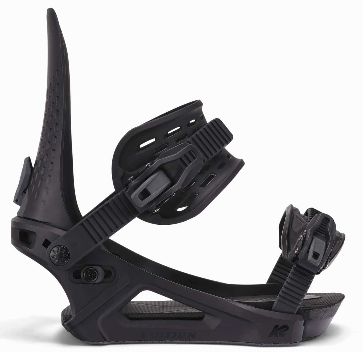 Black K2 Edition snowboard binding, 2025 model, features a distinctive angular design.