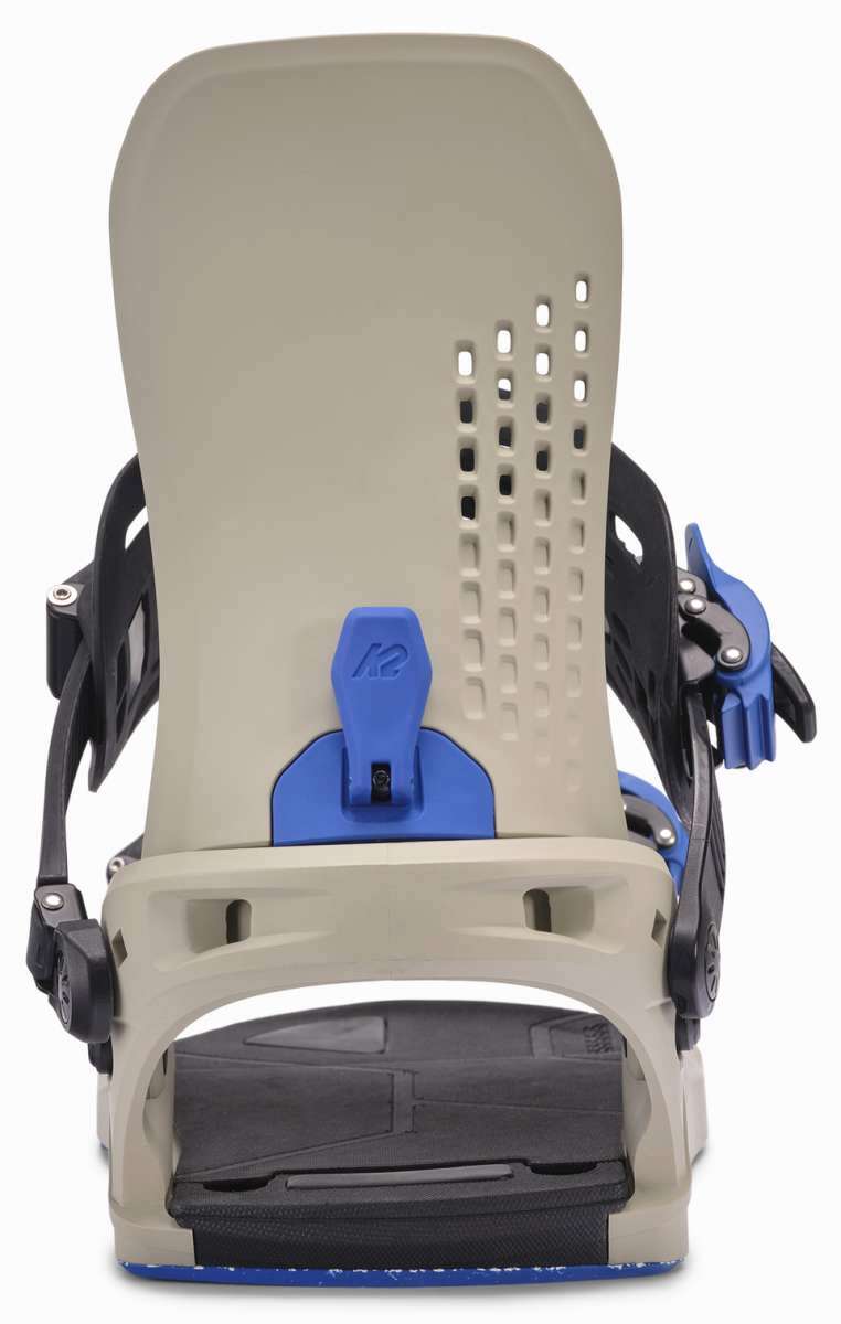 K2 Edition snowboard binding features a gray base with blue accents and a distinctive design.