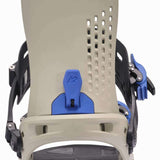 K2 Edition snowboard binding features a gray base with blue accents and a distinctive design.