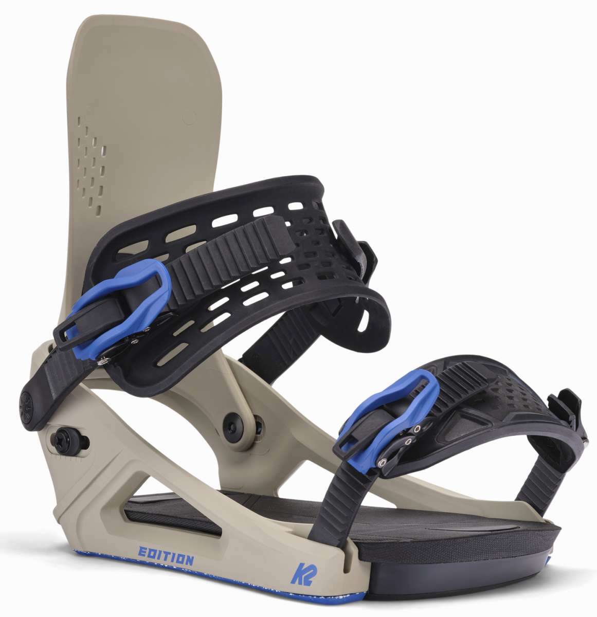 K2 Edition snowboard binding features a gray base with blue accents and a distinctive design.