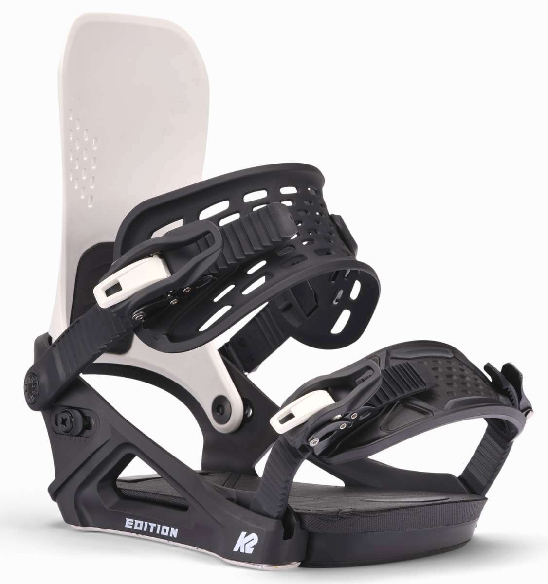 K2 Edition snowboard binding, black and gray, features a distinctive design.