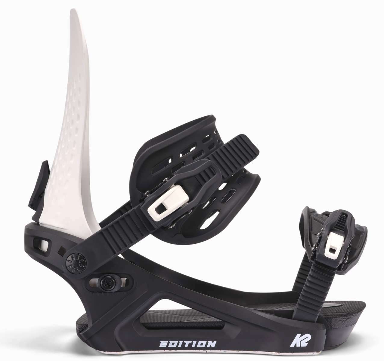 Black K2 Edition snowboard binding with white accents and a distinctive design.