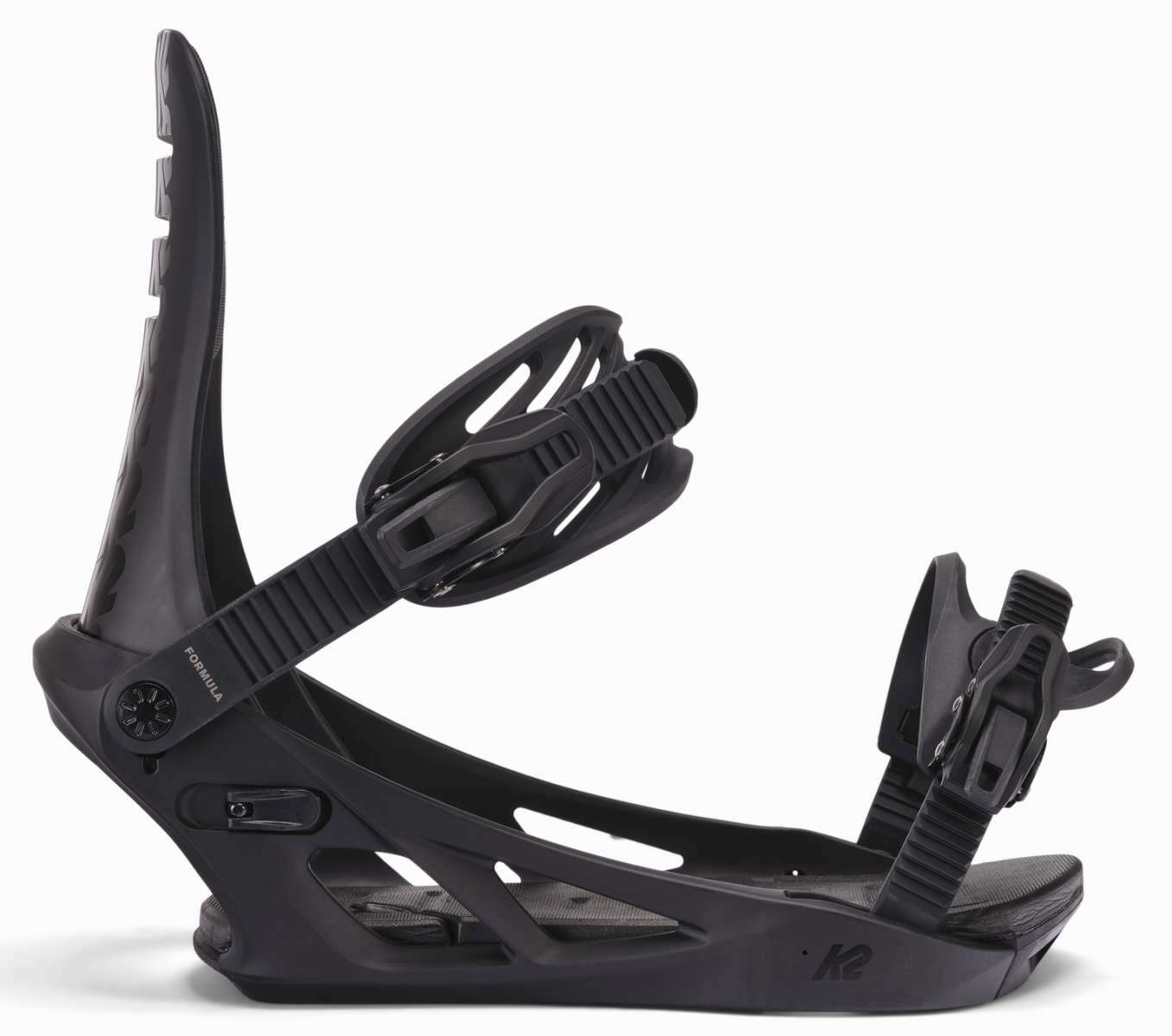 K2 Formula snowboard binding, black with red accents, features a distinctive angular design.