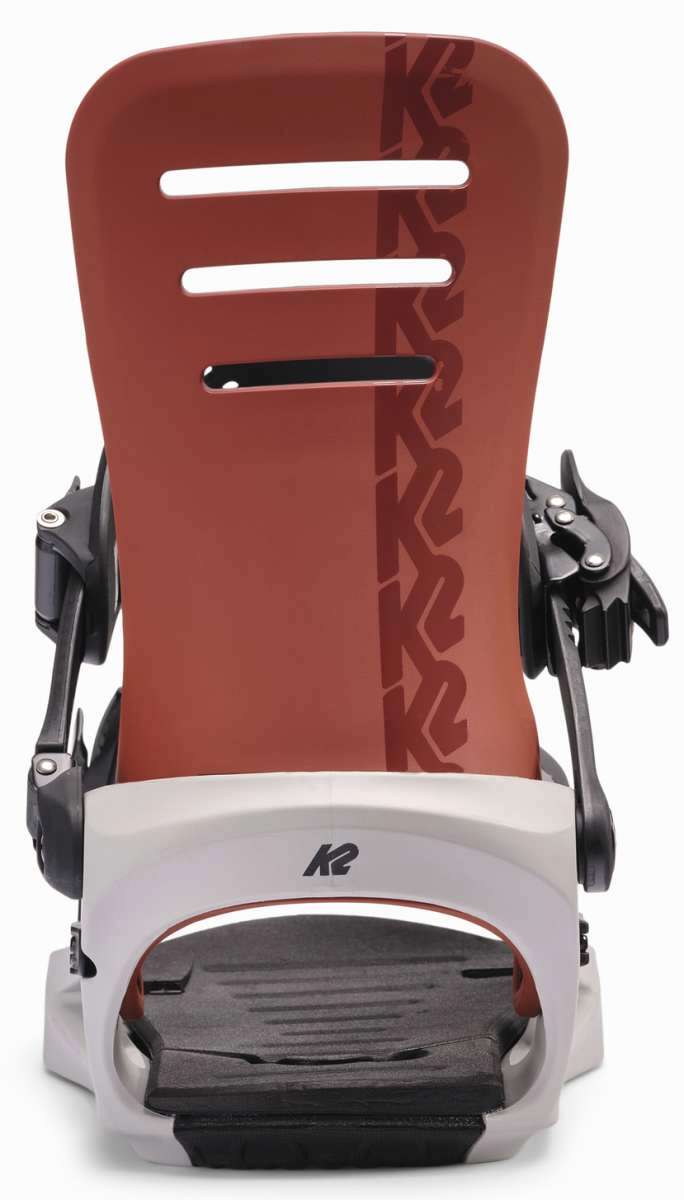 K2 Formula snowboard binding, red and white design.