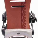 K2 Formula snowboard binding, red and white design.