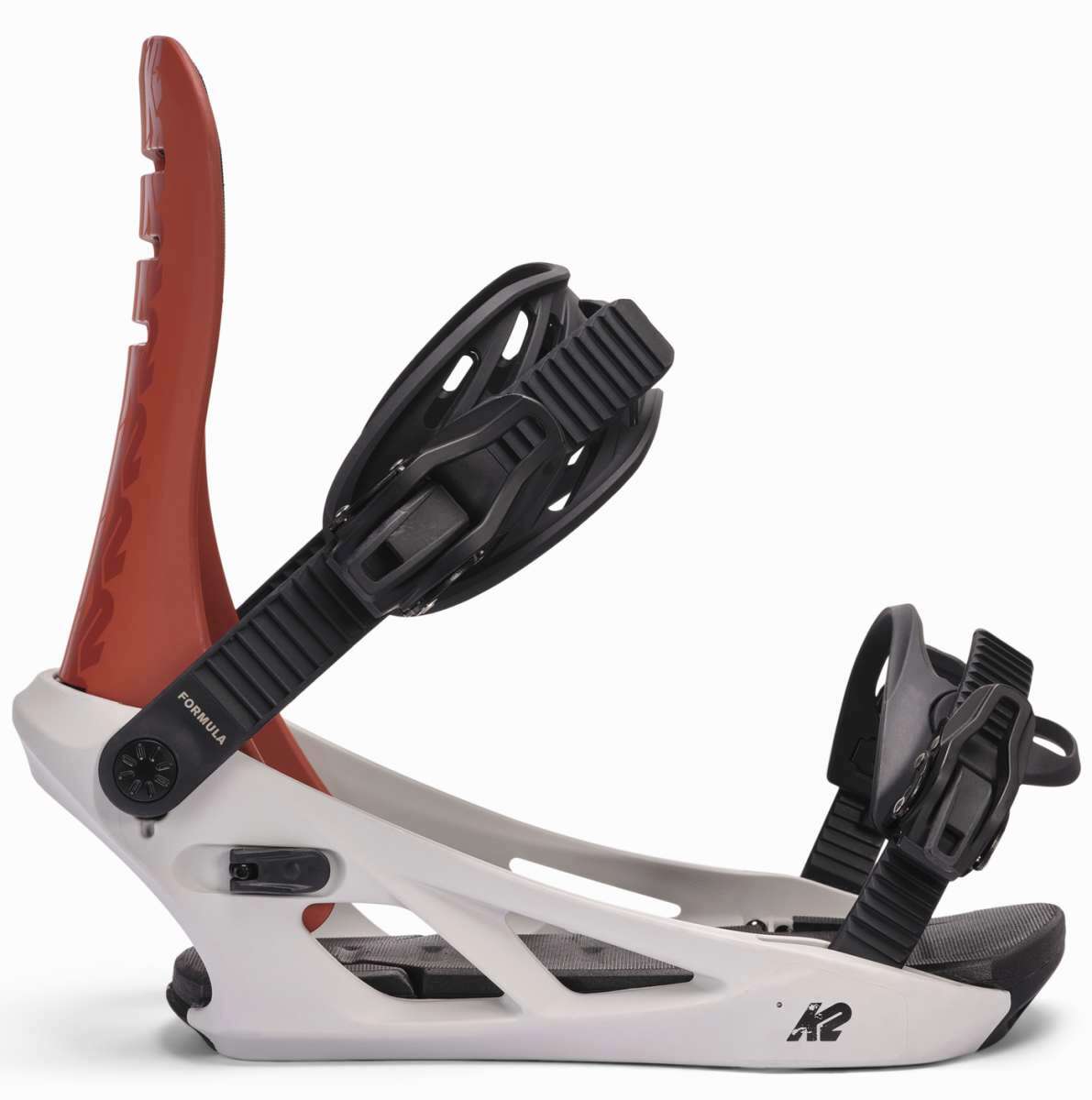 K2 Formula snowboard binding features a white base with black and red accents.
