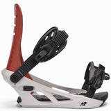 K2 Formula snowboard binding features a white base with black and red accents.