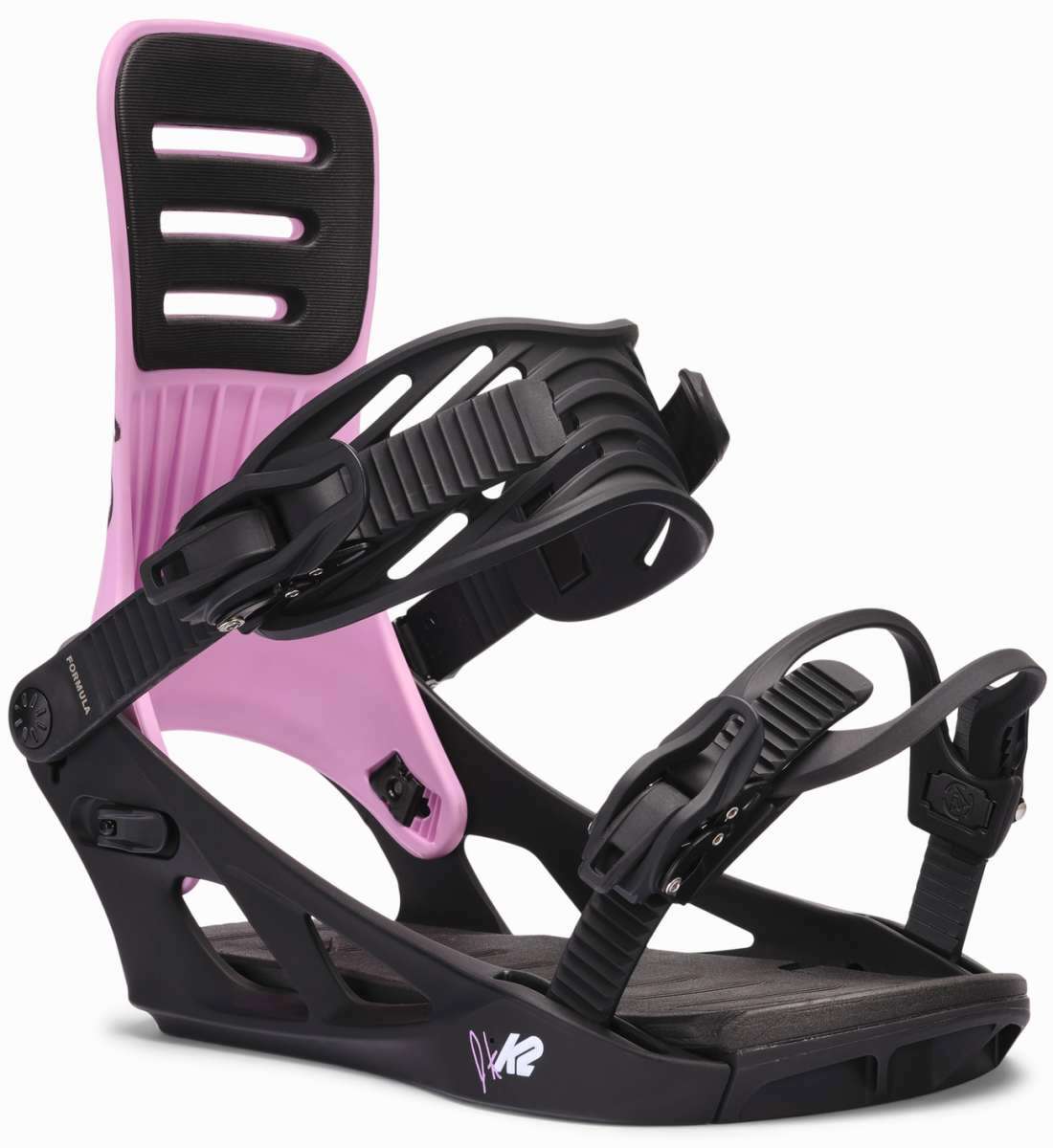 K2 Formula snowboard binding features a black base with purple accents and a distinctive strap design.