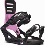 K2 Formula snowboard binding features a black base with purple accents and a distinctive strap design.