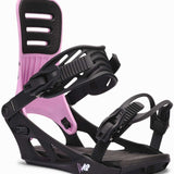 K2 Formula snowboard binding features a black base with purple accents and a distinctive strap design.