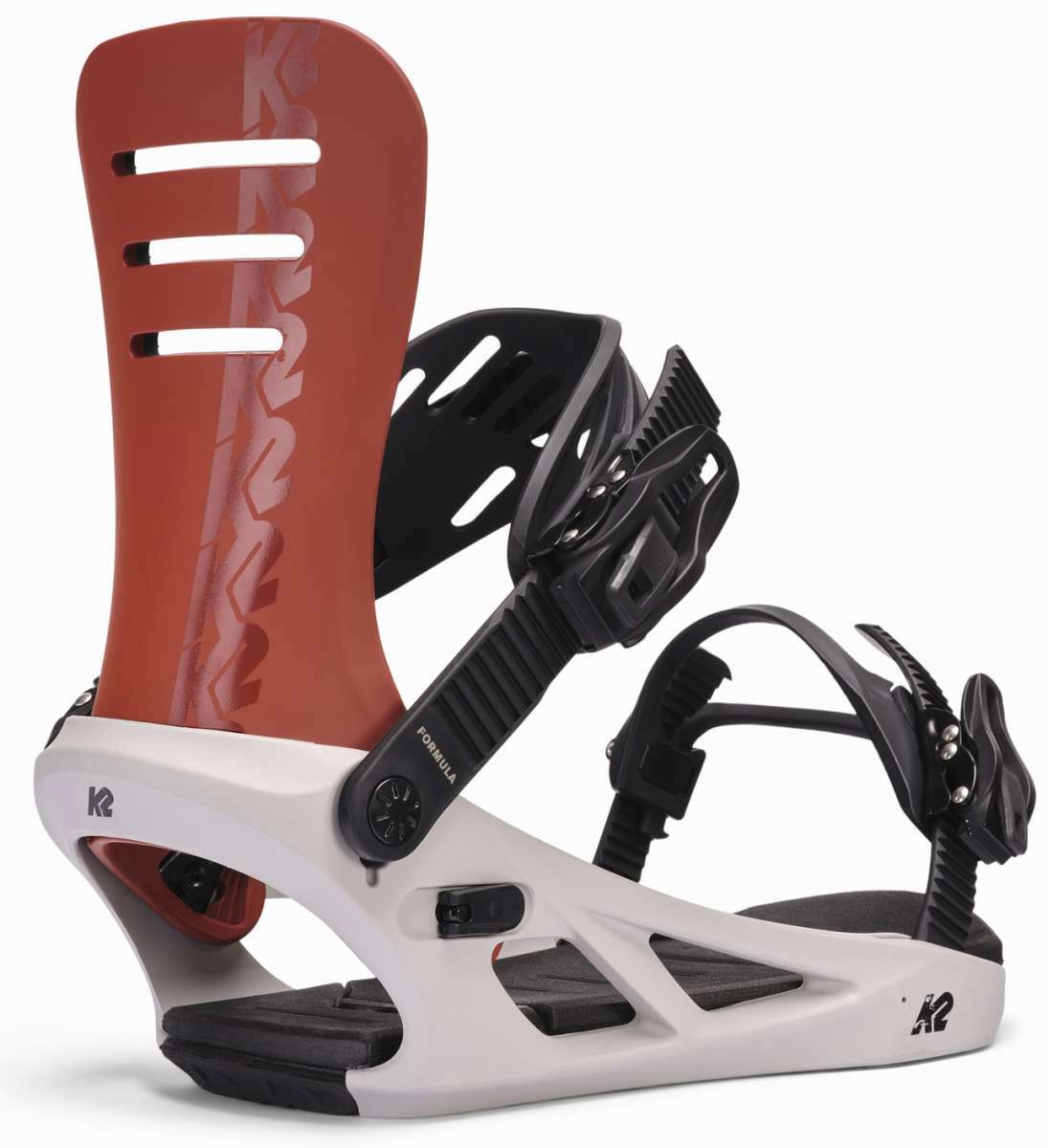 K2 Formula snowboard binding, black and white design with red accents.