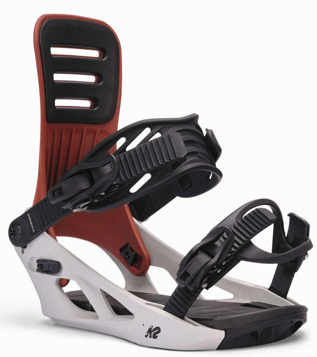 K2 Formula snowboard binding features a white base with black straps and a distinctive design.