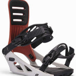 K2 Formula snowboard binding features a white base with black straps and a distinctive design.