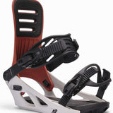 K2 Formula snowboard binding features a white base with black straps and a distinctive design.
