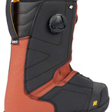K2 Hanford 2023 snowboard boot features a black and orange color scheme with a visible Boa dial.