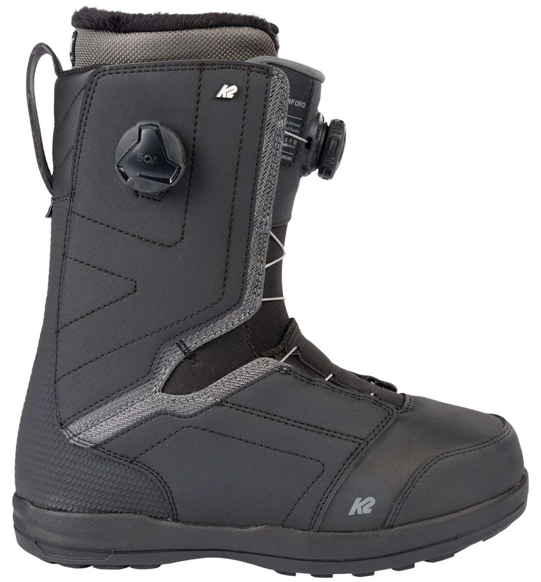 Black and gray K2 Hanford snowboard boot with Boa lacing system.