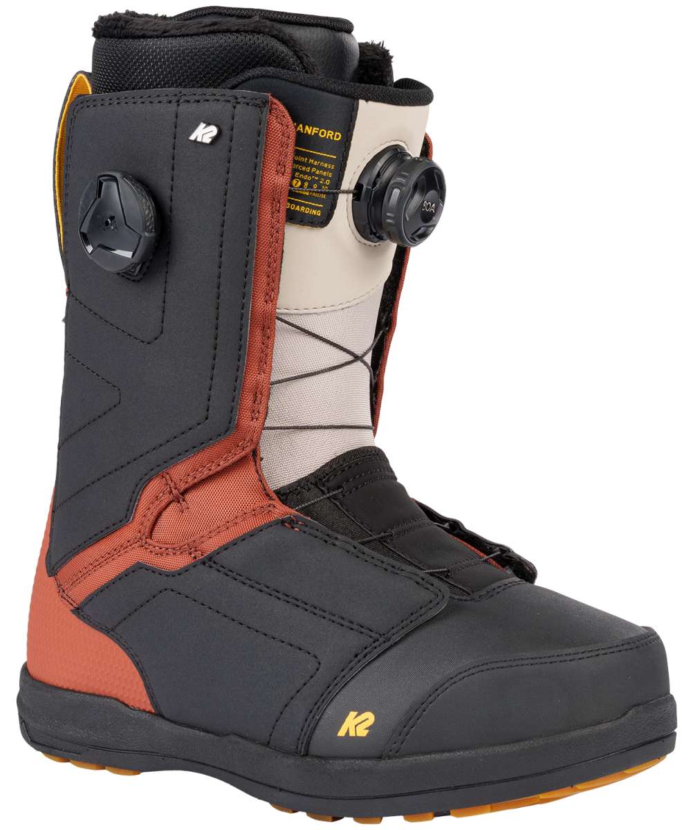 K2 Hanford snowboard boot, featuring a red and white color scheme and Boa lacing system.
