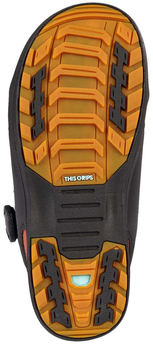 K2 Hanford snowboard boot sole features a black rubber tread with orange accents and a blue logo.