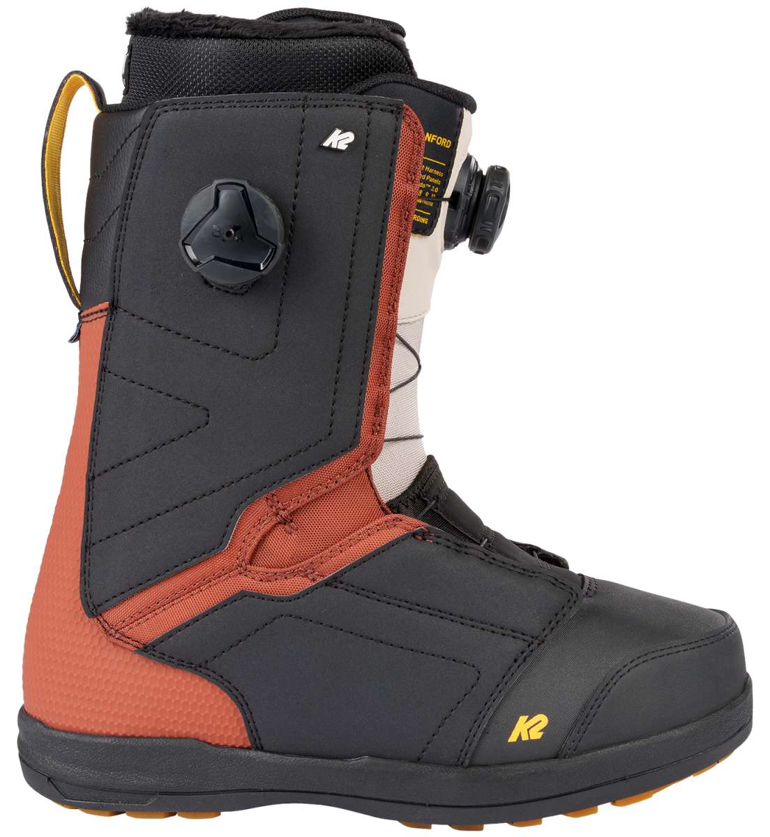 Black and orange K2 Hanford snowboard boot with Boa lacing system.