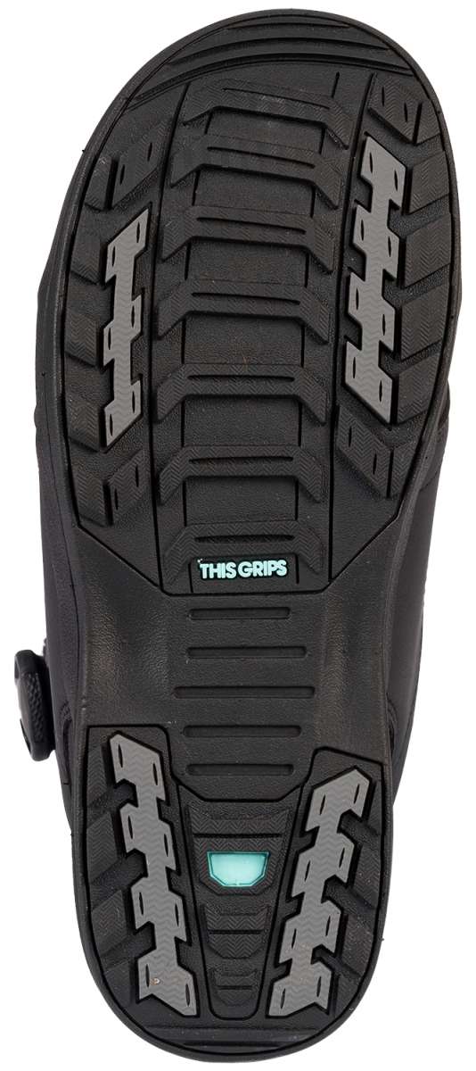 Black K2 Hanford snowboard boot sole with textured lugs and a teal accent.