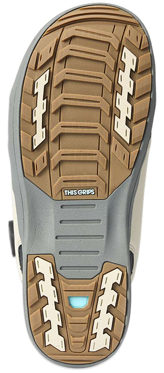 K2 Hanford 2023 snowboard boot sole features gray and blue rubber with a distinctive tread pattern.