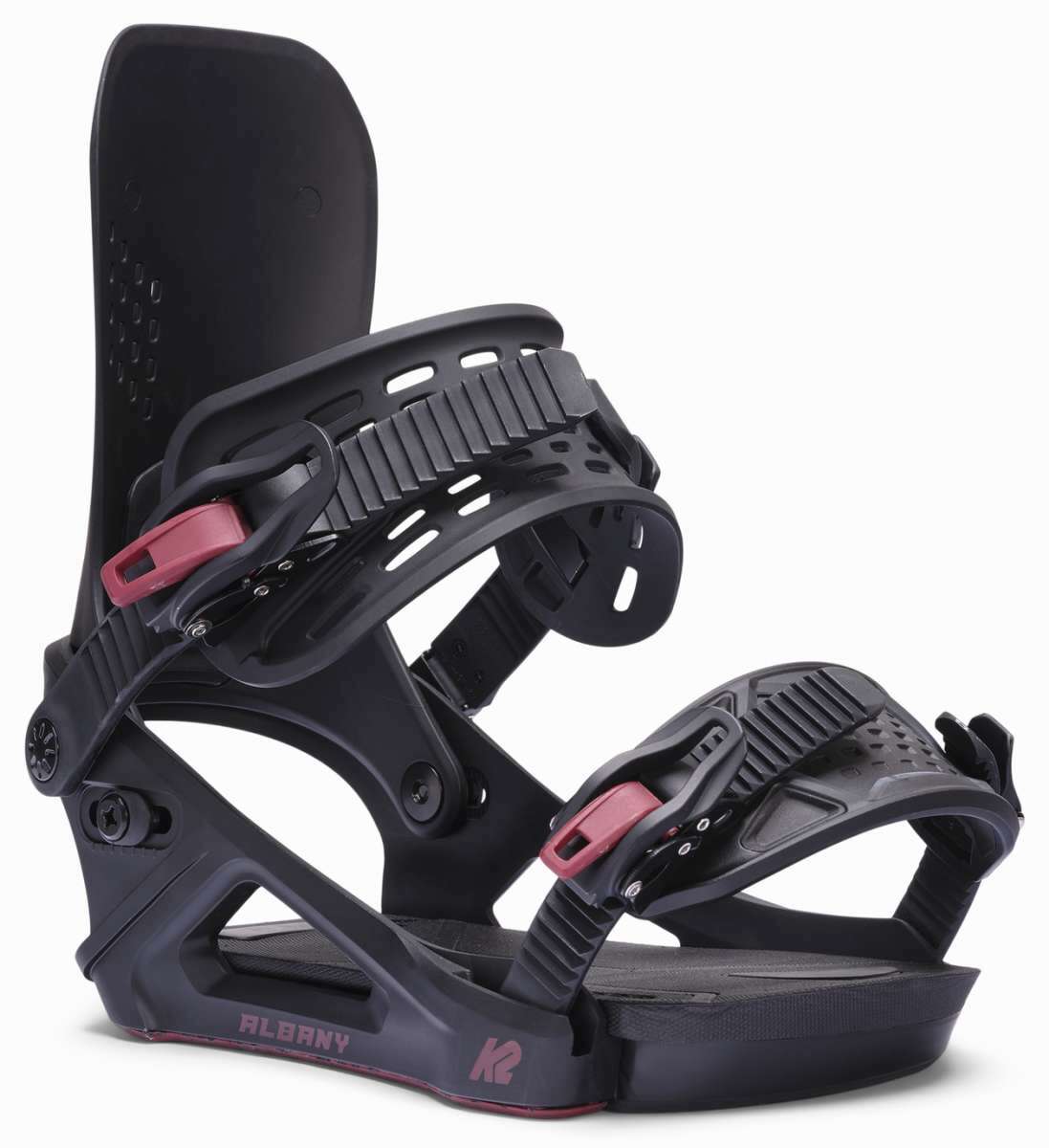 K2 Albany snowboard binding features a black base with pink accents and a distinctive design.