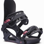 K2 Albany snowboard binding features a black base with pink accents and a distinctive design.