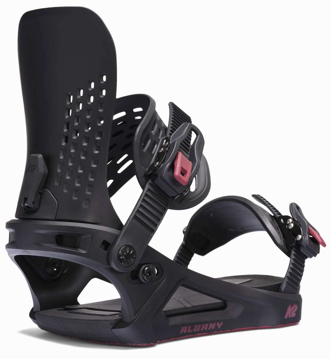 K2 Albany 2025 women's snowboard binding features a black base with red accents.