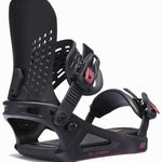 K2 Albany 2025 women's snowboard binding features a black base with red accents.