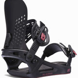 K2 Albany 2025 women's snowboard binding features a black base with red accents.