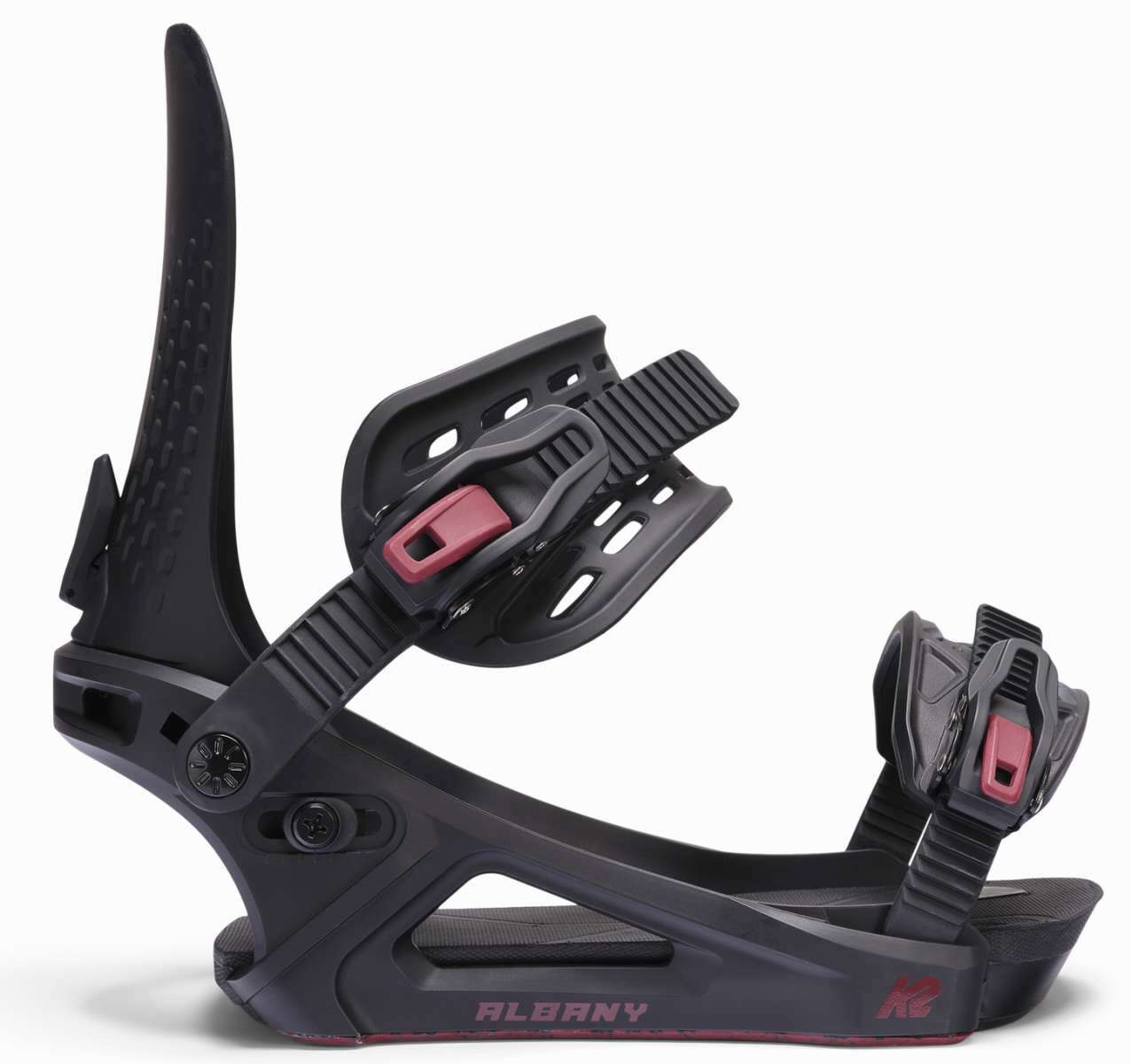 K2 Albany snowboard binding features a black base with red accents.