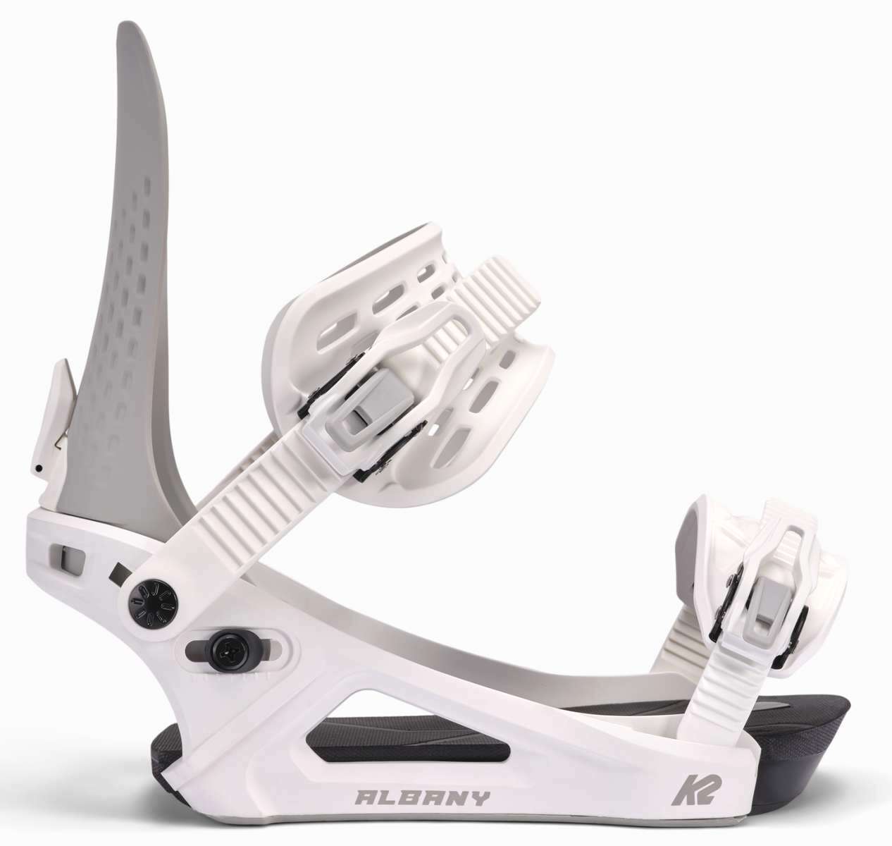 K2 Albany snowboard binding, white with black accents, designed for women.