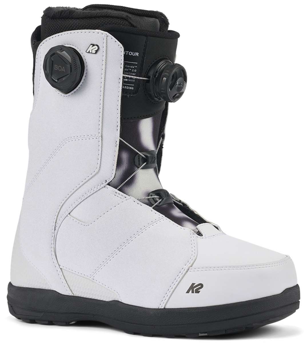 White K2 Contour snowboard boot with black accents and BOA lacing system.