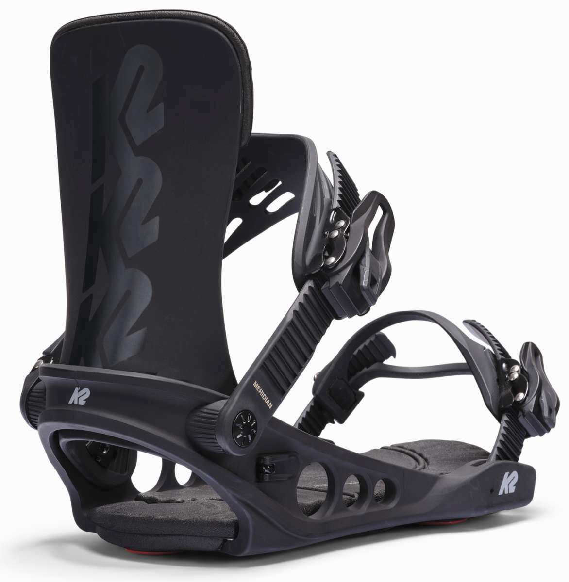 Black K2 Meridian snowboard binding features a distinctive ergonomic design.