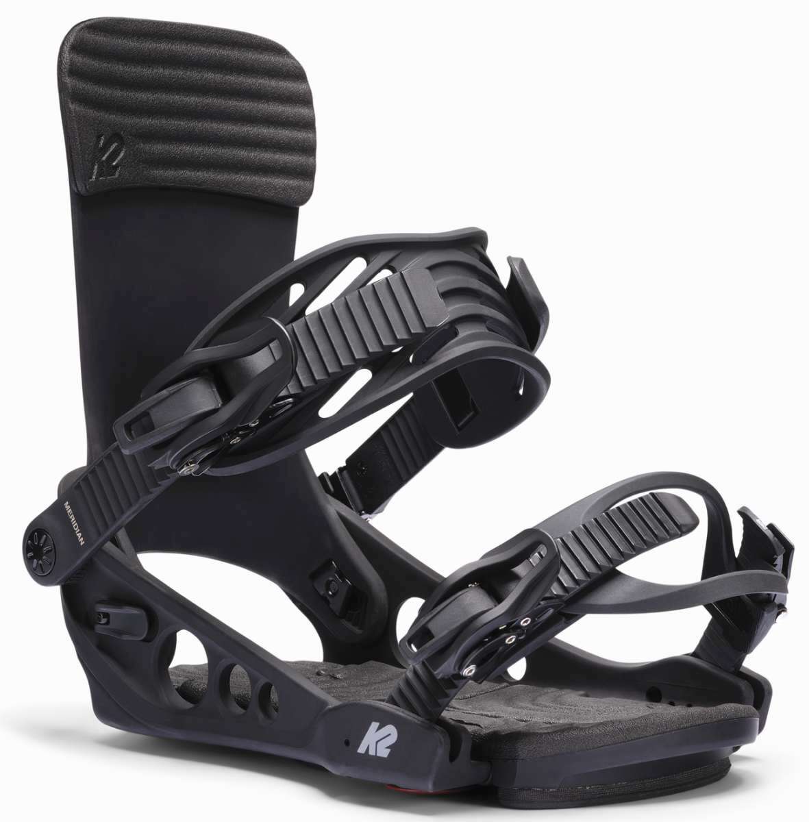 Black K2 Meridian snowboard binding features a distinctive design and red accents.