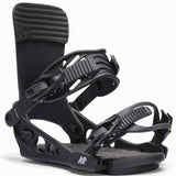 Black K2 Meridian snowboard binding features a distinctive design and red accents.