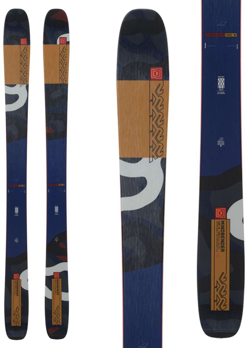K2 Women's Mindbender 106C skis feature a blue and white design with red accents.