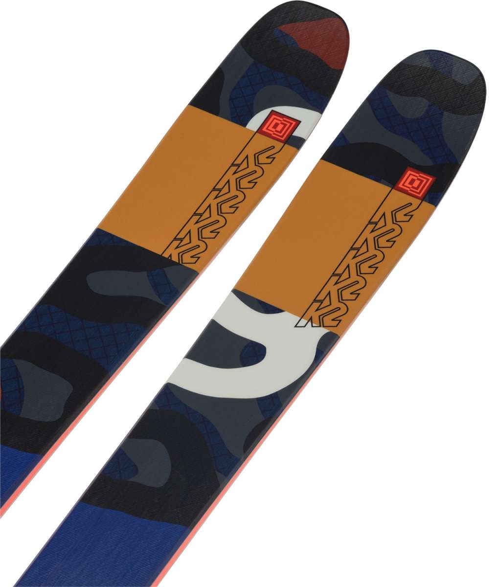 K2 Mindbender 106C skis feature a blue and white design with red accents.