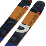 K2 Mindbender 106C skis feature a blue and white design with red accents.