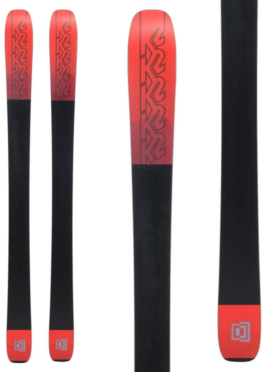 K2 Women's Mindbender 99Ti Wide Skis 2024 feature a red and black design with a distinctive graphic pattern.