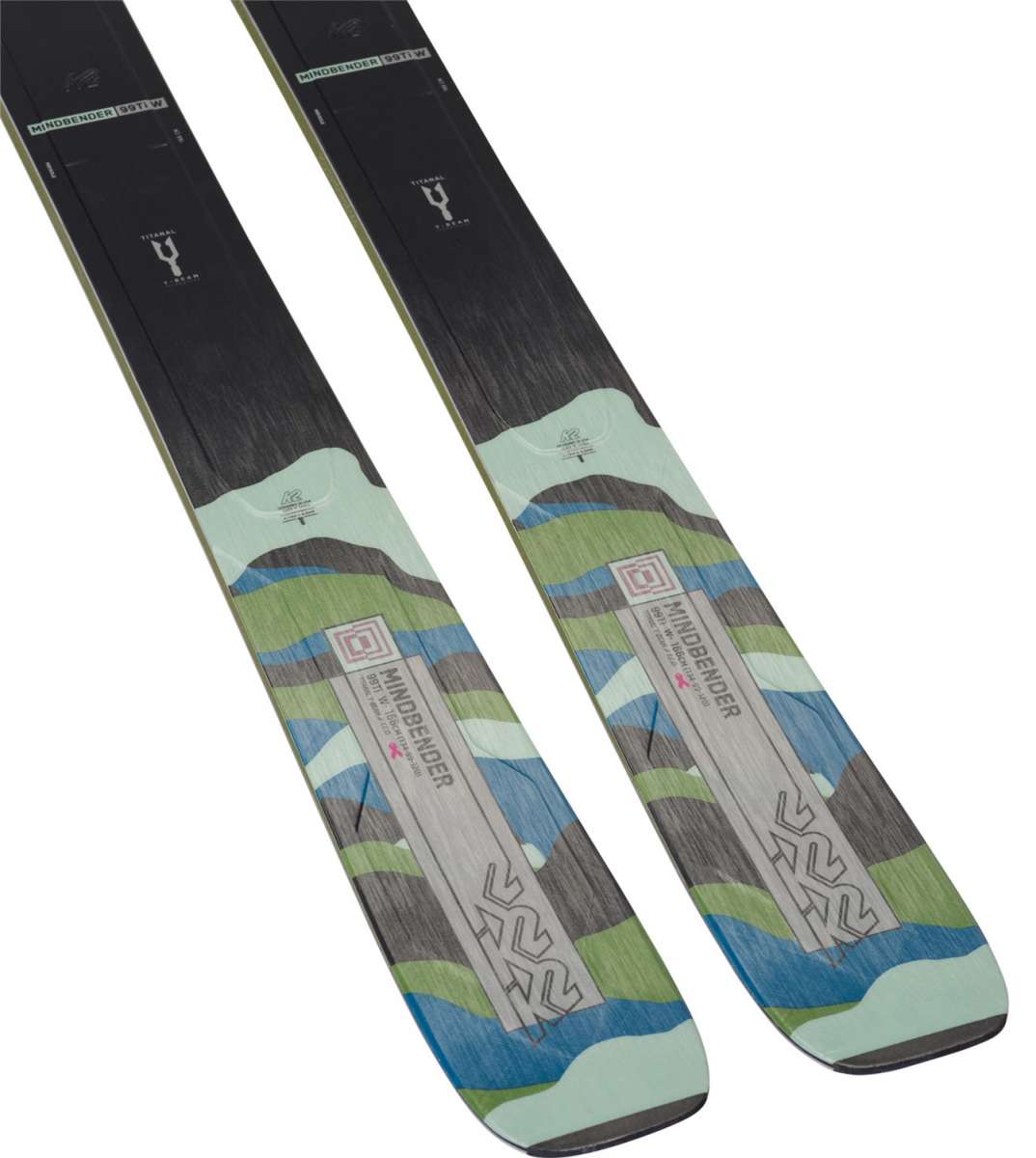 K2 Mindbender 99Ti skis feature a distinctive blue and green graphic design.